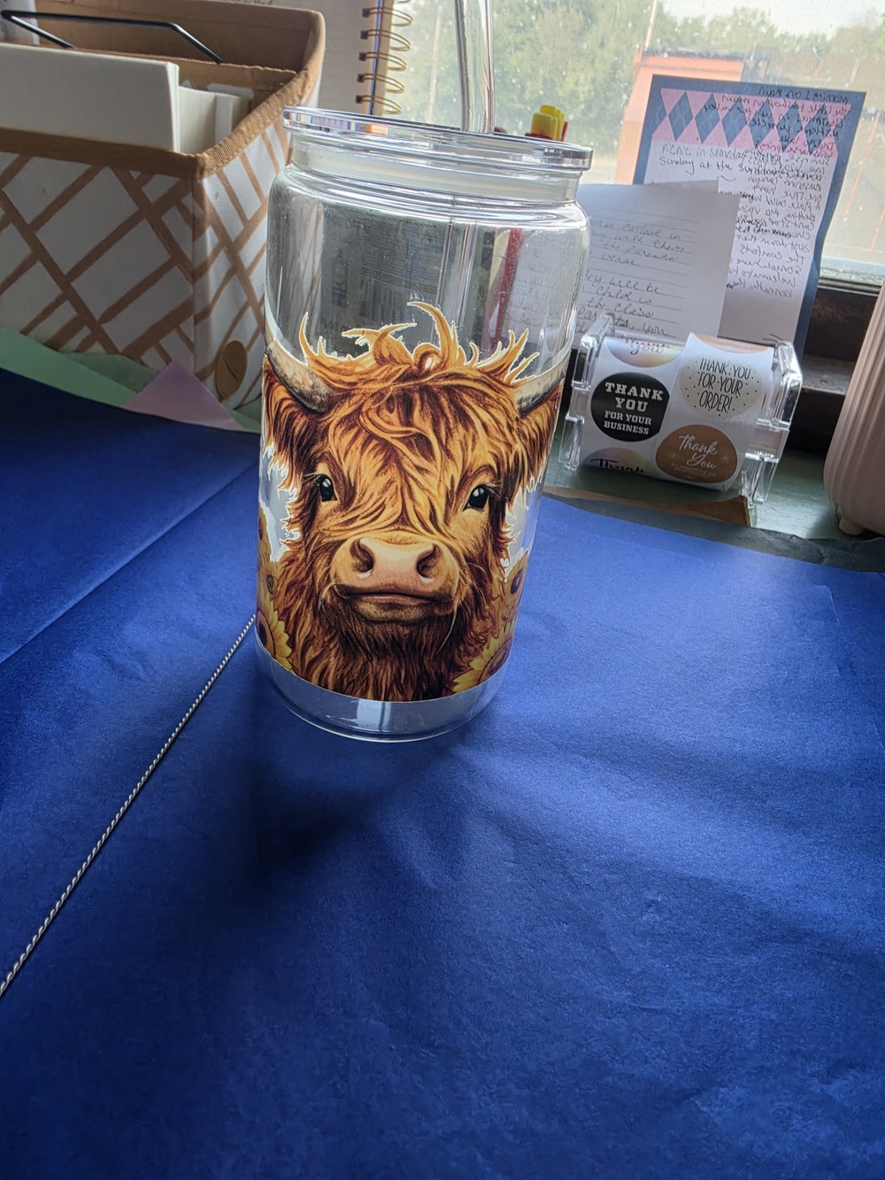Clear Travel Tumbler with Orange Brown Highland Cow Art